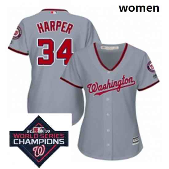 Womens Majestic Washington Nationals 34 Bryce Harper Grey Road Cool Base MLB Stitched 2019 World Series Champions Patch Jersey